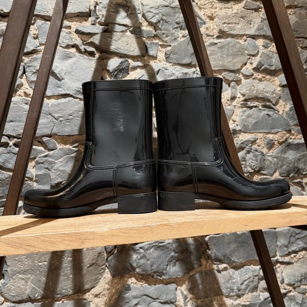 Prada Black Enamel Triangle Mid-Calf Rain Boots - Picture 9 of 14